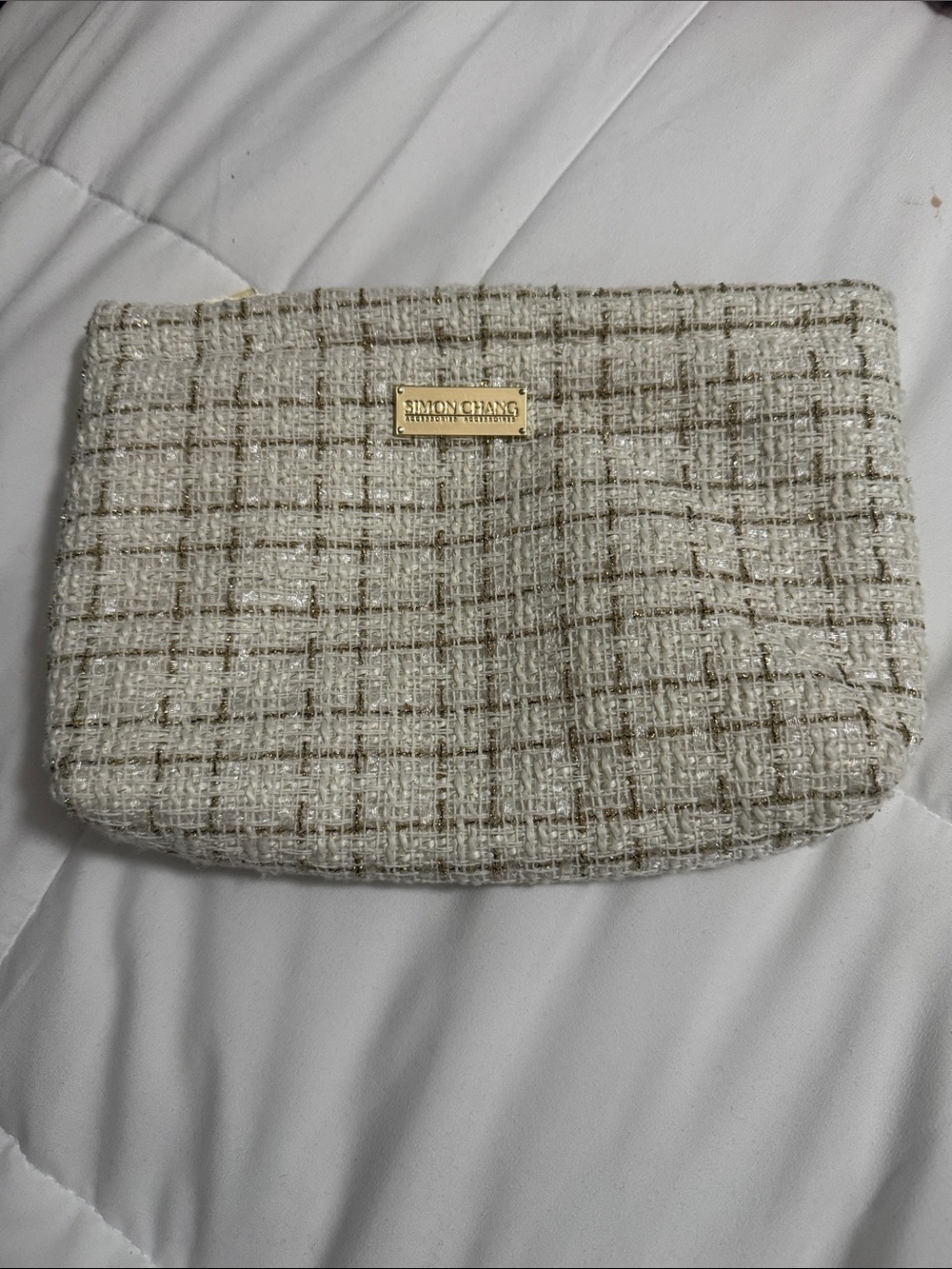 Simon Chang Cream Tweed Clutch with Gold Plaque